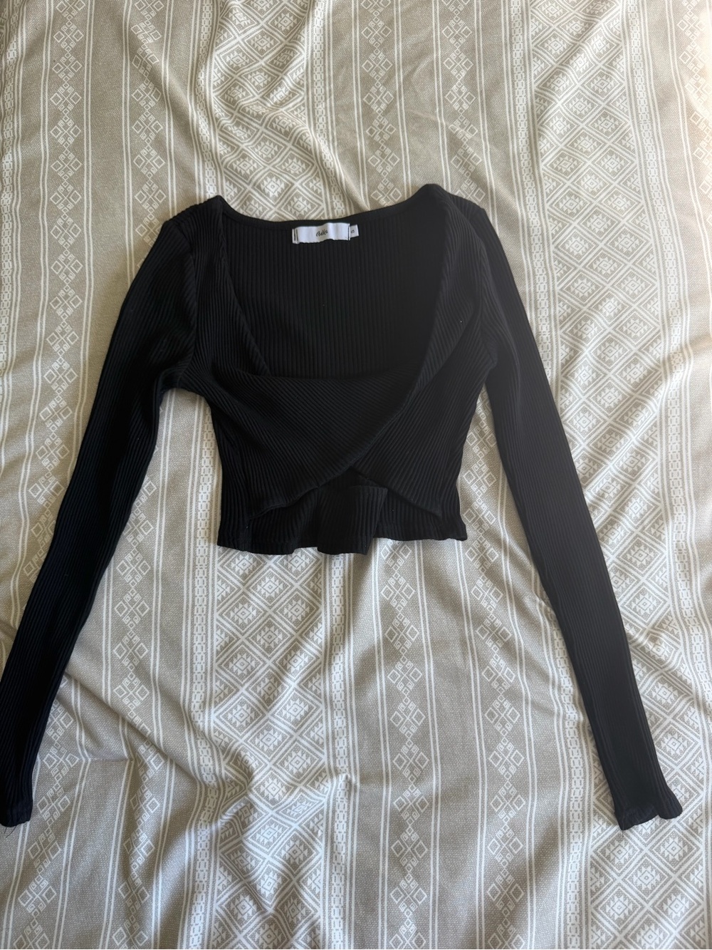 Adika Black Ribbed Long-Sleeve Cropped Wrap Top